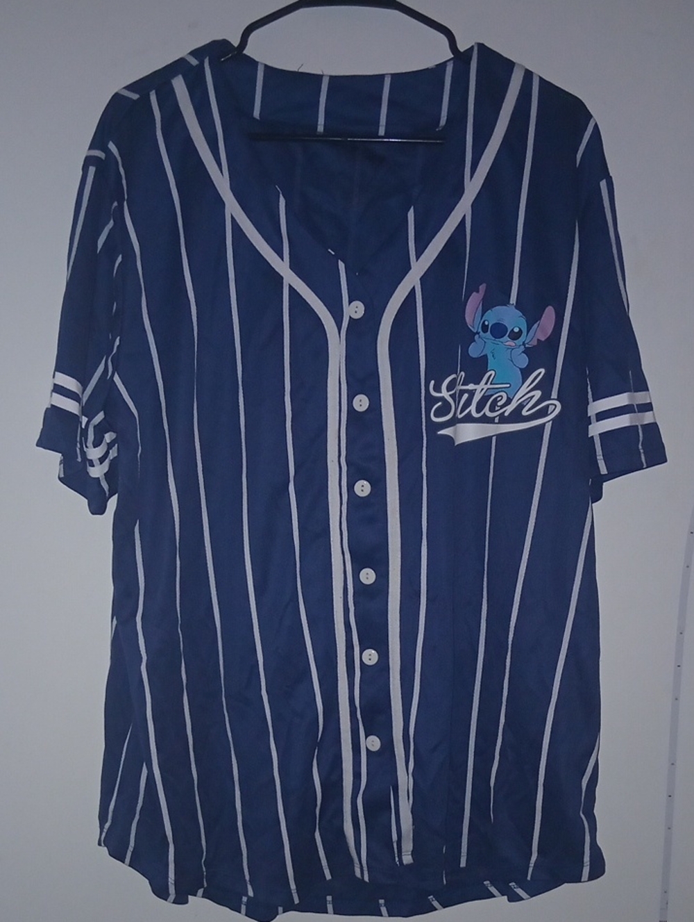 Disney Stitch pinstripe baseball jersey featuring white vertical stripes  XL